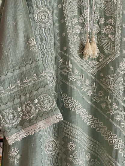 Sage Green Mulmul Pearl White Chikankari Ready to Wear Kurta Set
