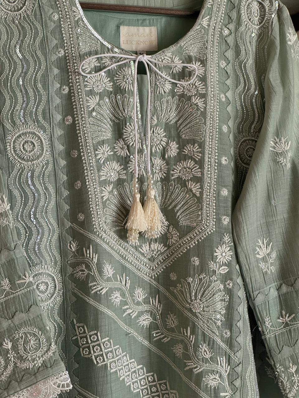 Sage Green Mulmul Pearl White Chikankari Ready to Wear Kurta Set