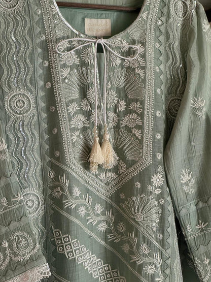 Sage Green Mulmul Pearl White Chikankari Ready to Wear Kurta Set