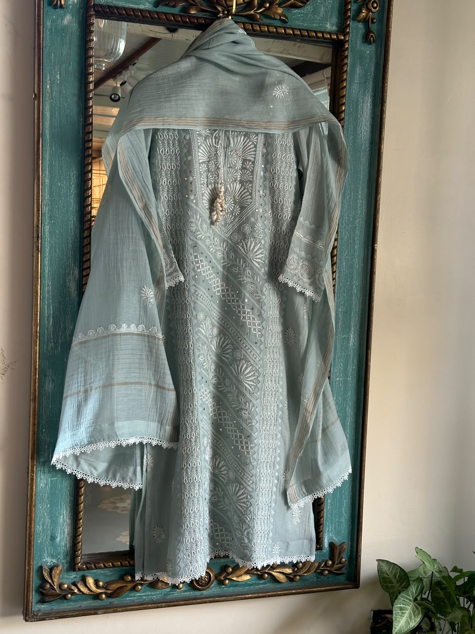 Sage Green Mulmul Pearl White Chikankari Ready to Wear Kurta Set