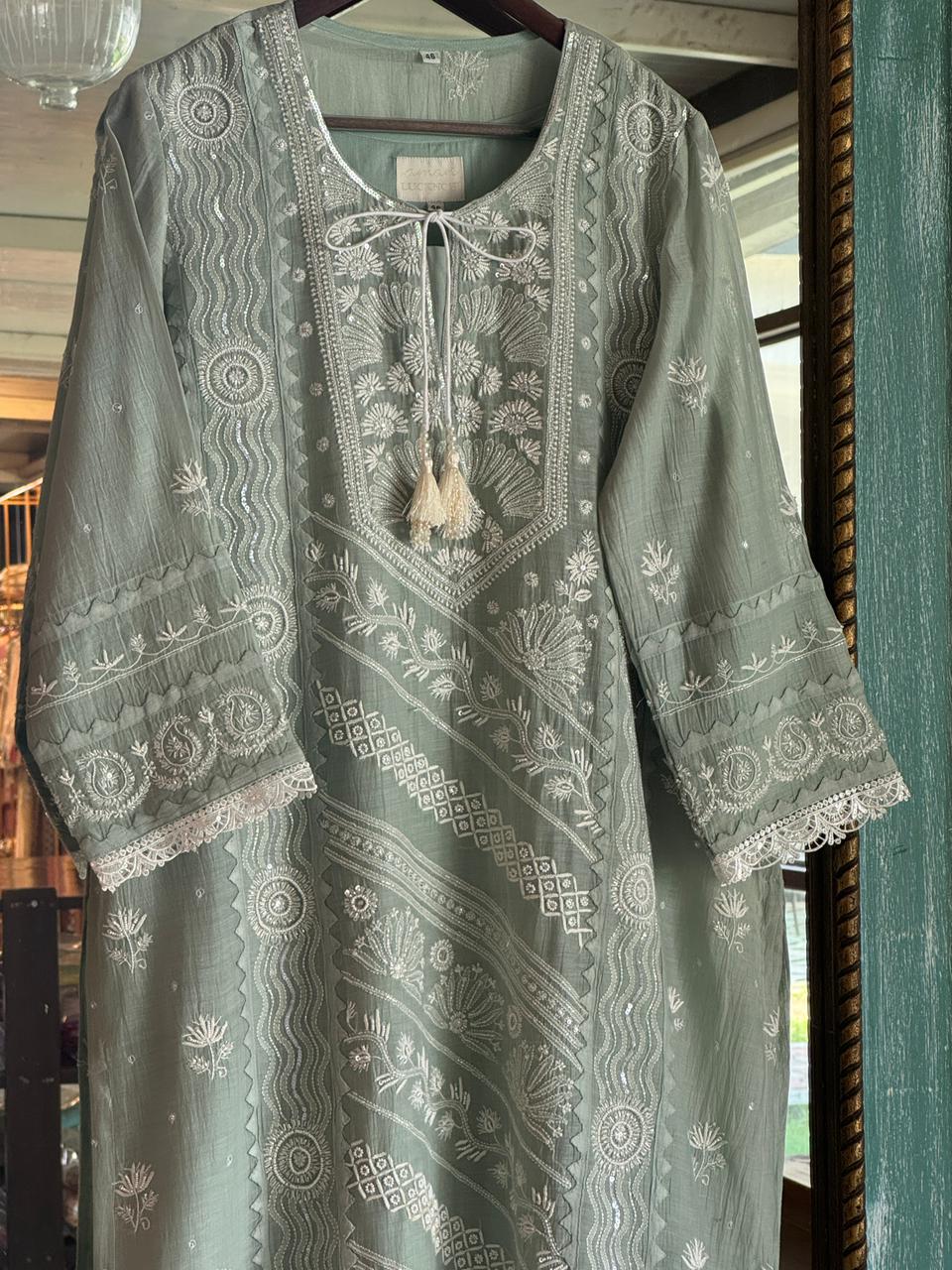 Sage Green Mulmul Pearl White Chikankari Ready to Wear Kurta Set