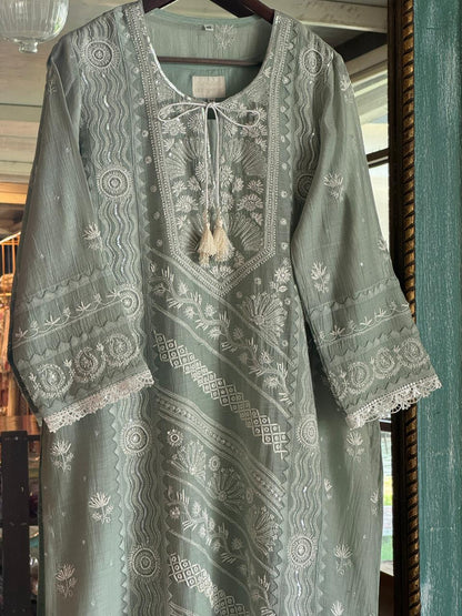 Sage Green Mulmul Pearl White Chikankari Ready to Wear Kurta Set