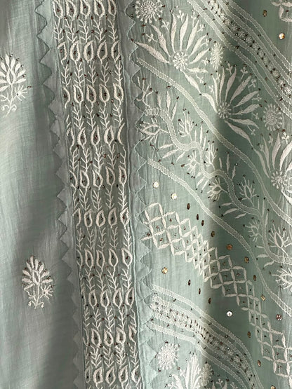 Sage Green Mulmul Pearl White Chikankari Ready to Wear Kurta Set