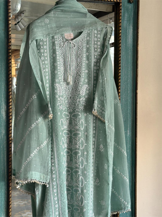 Sage Green Mulmul Pearl White Chikankari Ready to Wear Kurta Set