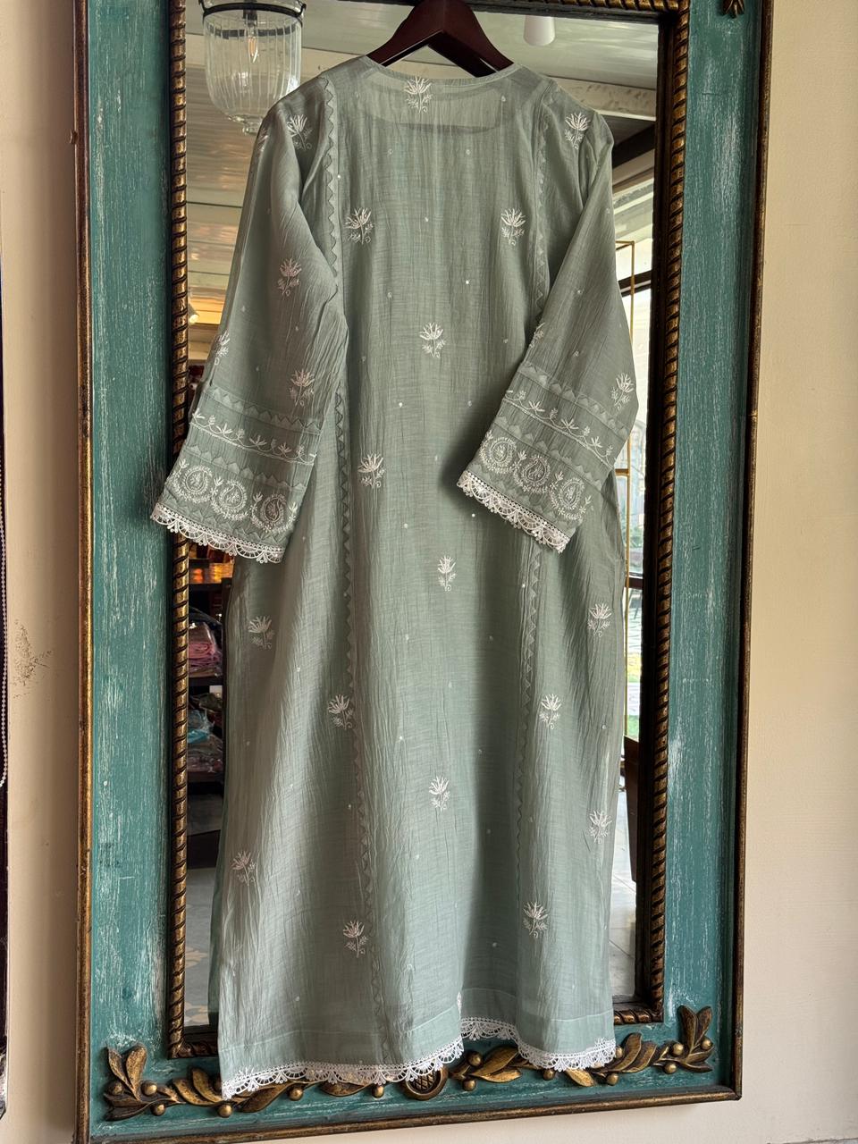 Sage Green Mulmul Pearl White Chikankari Ready to Wear Kurta Set