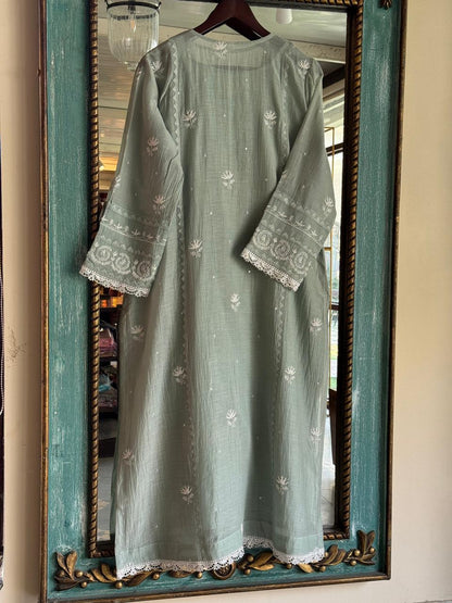 Sage Green Mulmul Pearl White Chikankari Ready to Wear Kurta Set