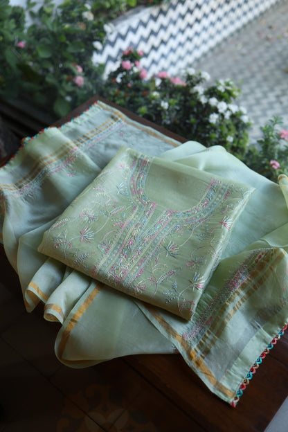 Sage Green Multi-Coloured Noor Organza Resham Chikankari Kurta Set