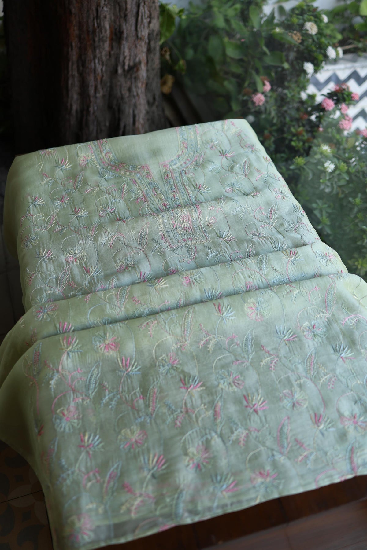 Sage Green Multi-Coloured Noor Organza Resham Chikankari Kurta Set