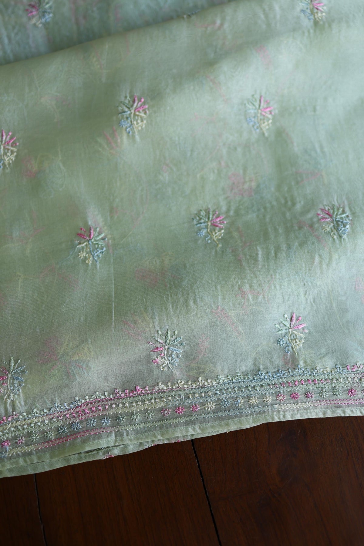 Sage Green Multi-Coloured Noor Organza Resham Chikankari Kurta Set