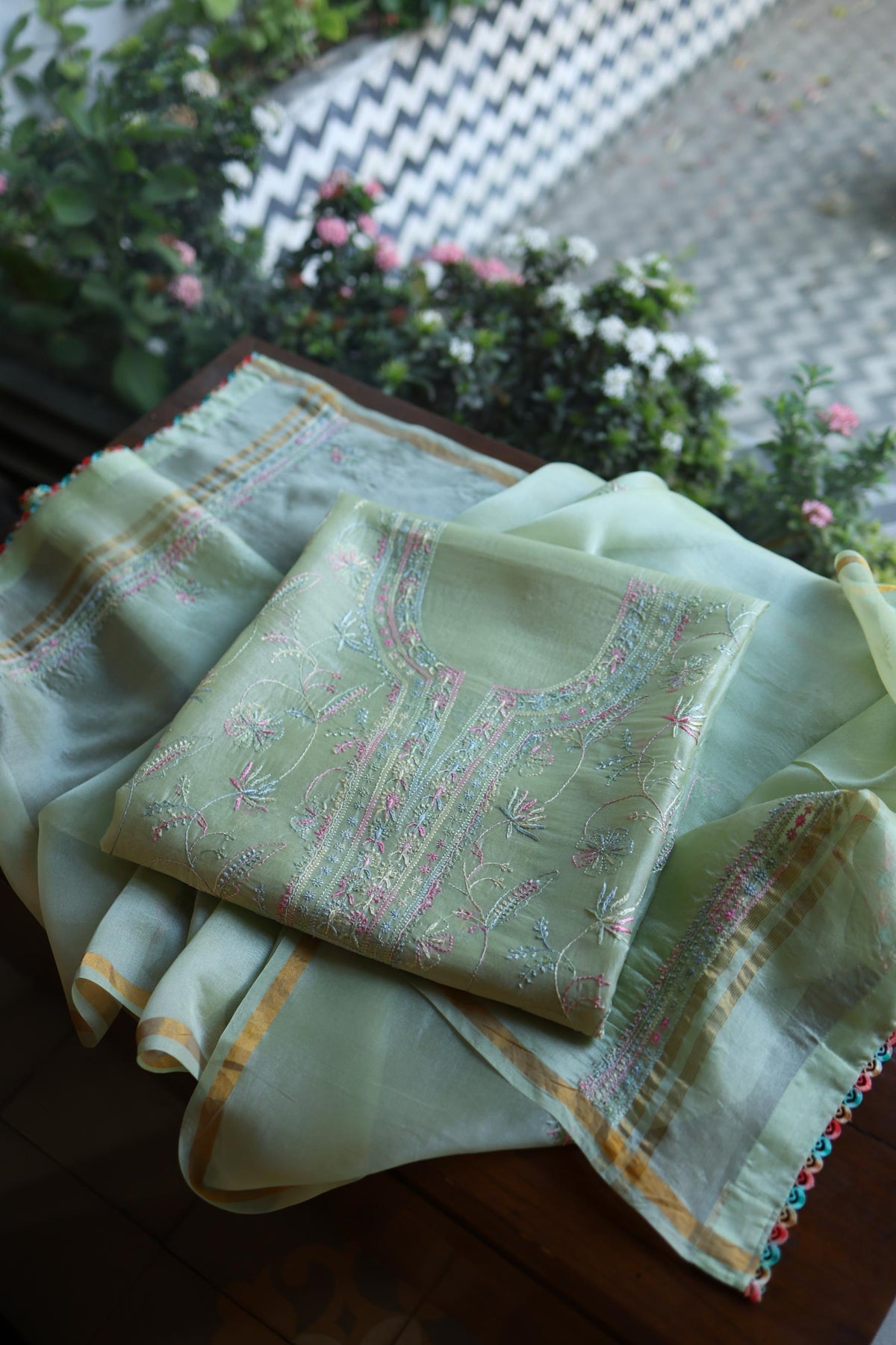 Sage Green Multi-Coloured Noor Organza Resham Chikankari Kurta Set