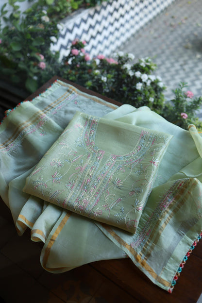 Sage Green Multi-Coloured Noor Organza Resham Chikankari Kurta Set