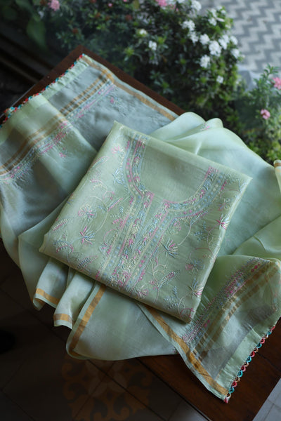 Sage Green Multi-Coloured Noor Organza Resham Chikankari Kurta Set