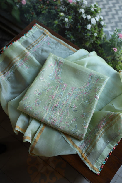 Sage Green Multi-Coloured Noor Organza Resham Chikankari Kurta Set