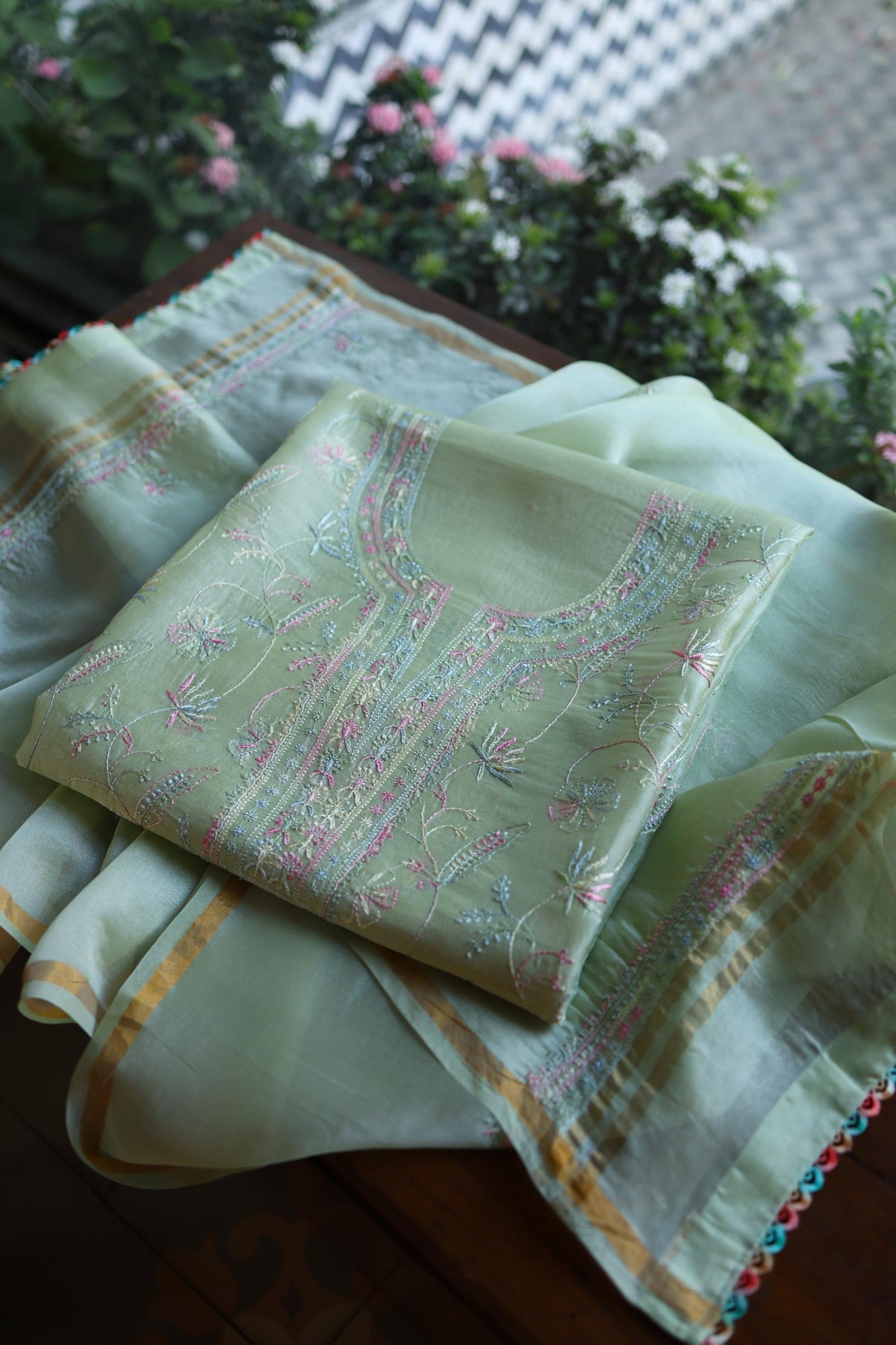 Sage Green Multi-Coloured Noor Organza Resham Chikankari Kurta Set
