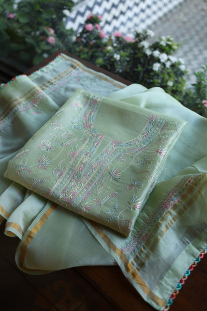 Sage Green Multi-Coloured Noor Organza Resham Chikankari Kurta Set