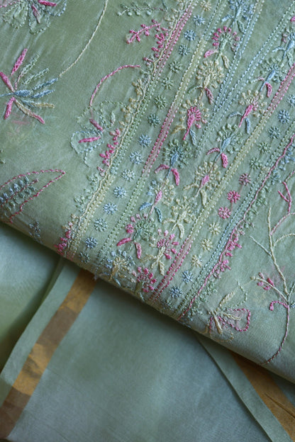 Sage Green Multi-Coloured Noor Organza Resham Chikankari Kurta Set