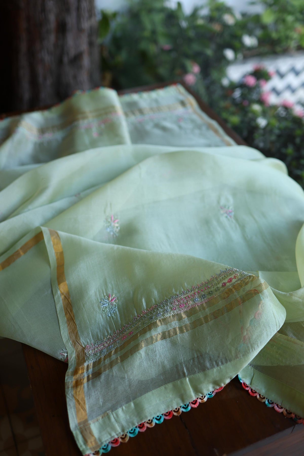 Sage Green Multi-Coloured Noor Organza Resham Chikankari Kurta Set