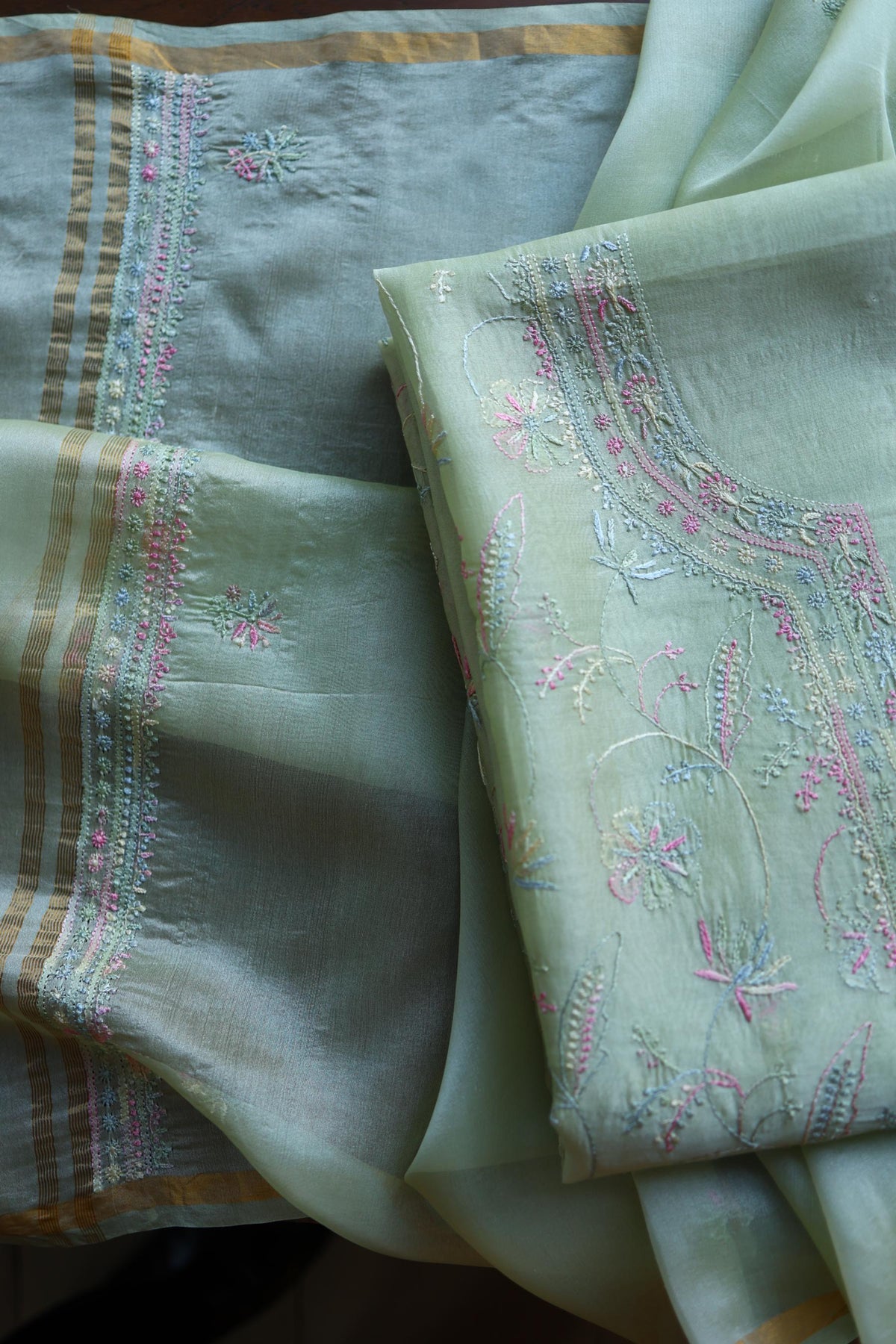 Sage Green Multi-Coloured Noor Organza Resham Chikankari Kurta Set