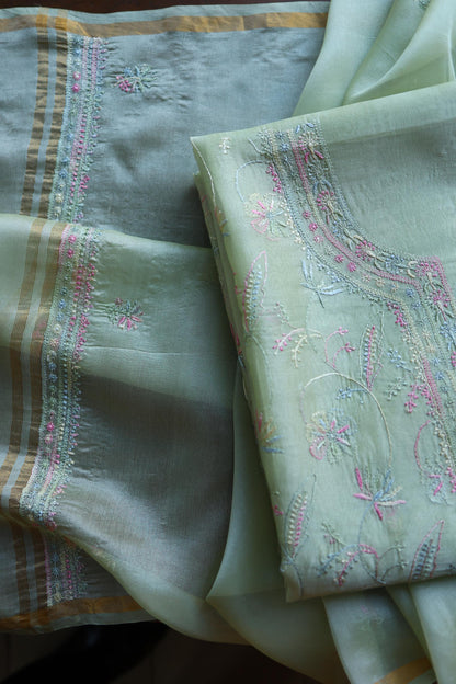 Sage Green Multi-Coloured Noor Organza Resham Chikankari Kurta Set