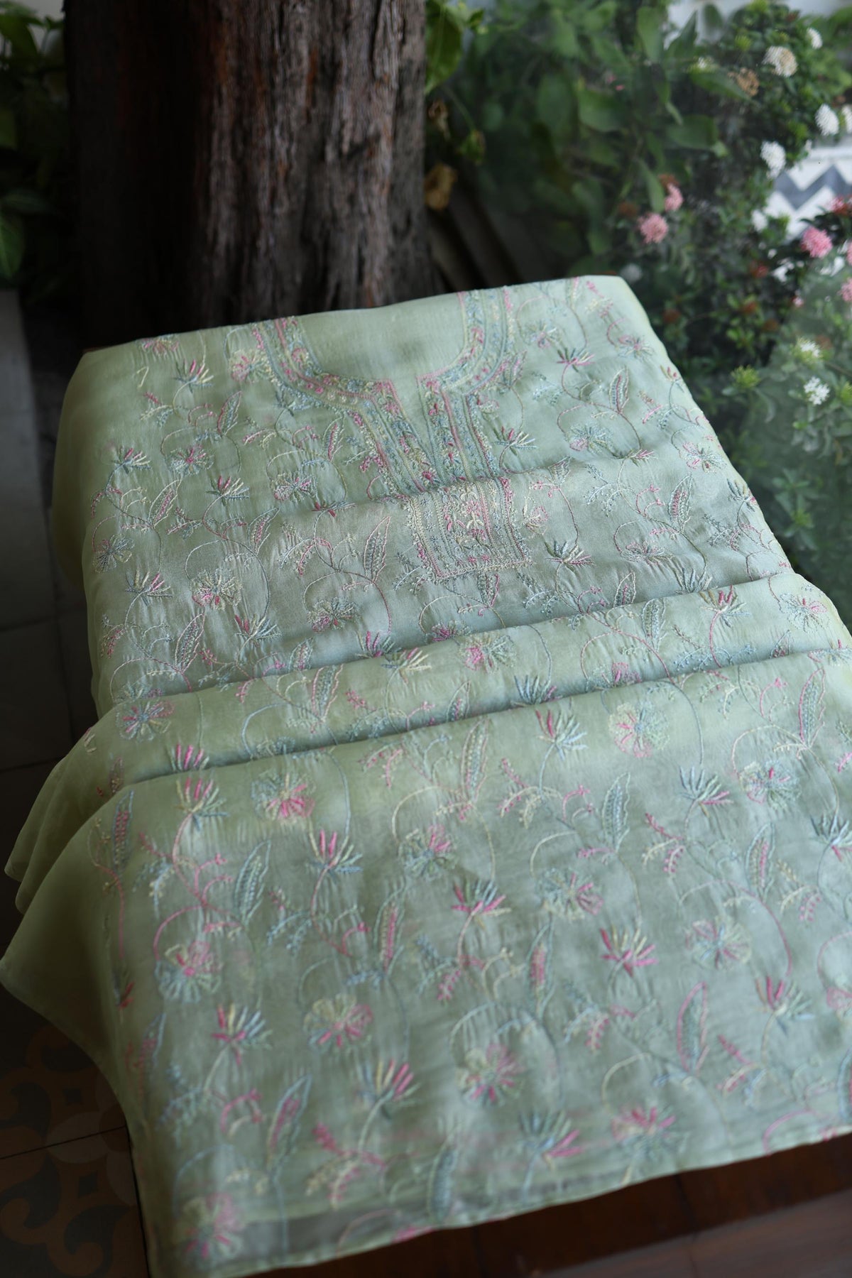 Sage Green Multi-Coloured Noor Organza Resham Chikankari Kurta Set