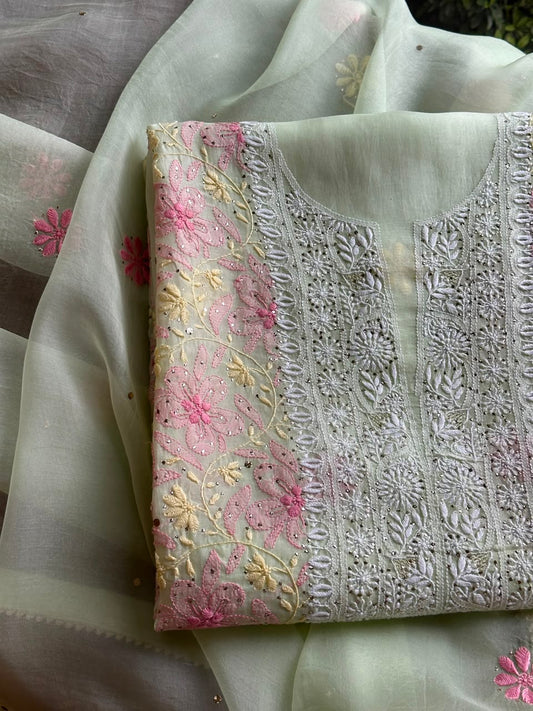 Sage Green Noor Organza Silk Chikankari With Kamdani Fabric