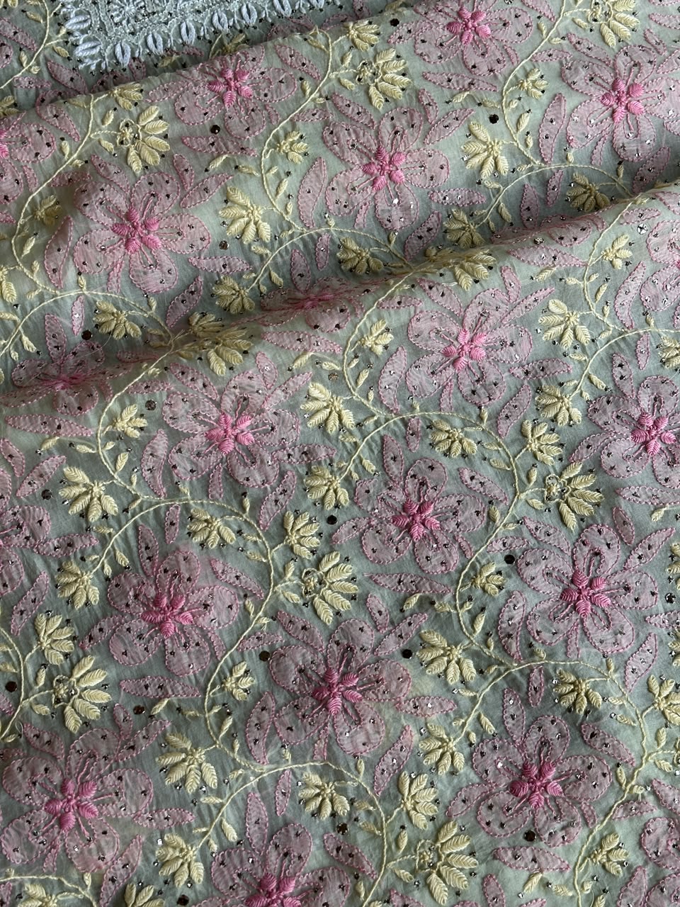 Sage Green Noor Organza Silk Chikankari With Kamdani Fabric
