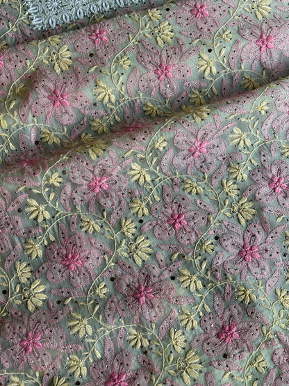 Sage Green Noor Organza Silk Chikankari With Kamdani Fabric