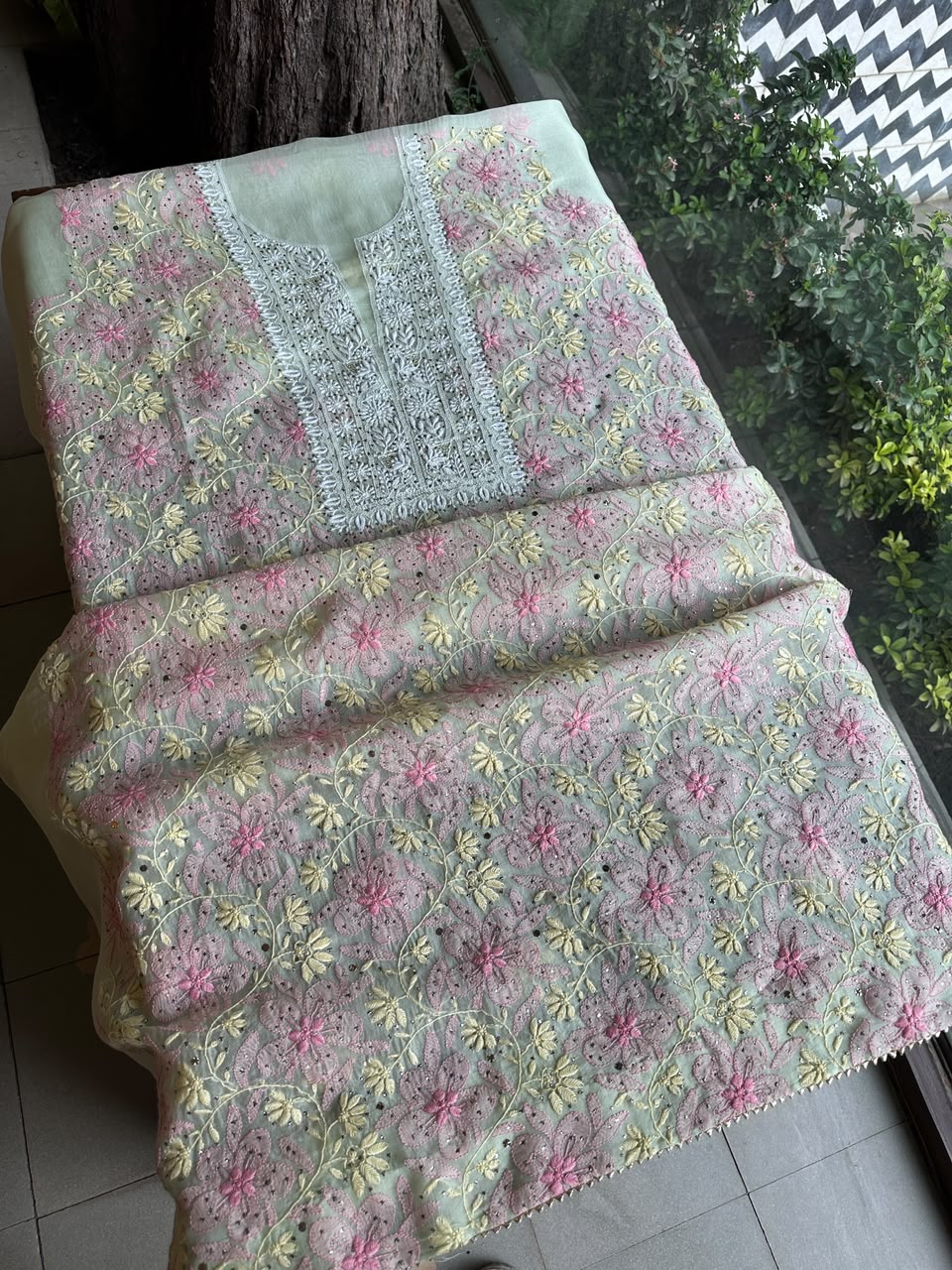 Sage Green Noor Organza Silk Chikankari With Kamdani Fabric