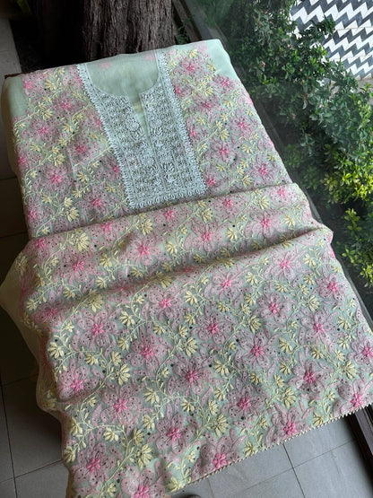 Sage Green Noor Organza Silk Chikankari With Kamdani Fabric