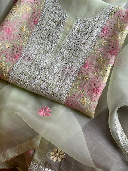 Sage Green Noor Organza Silk Chikankari With Kamdani Fabric