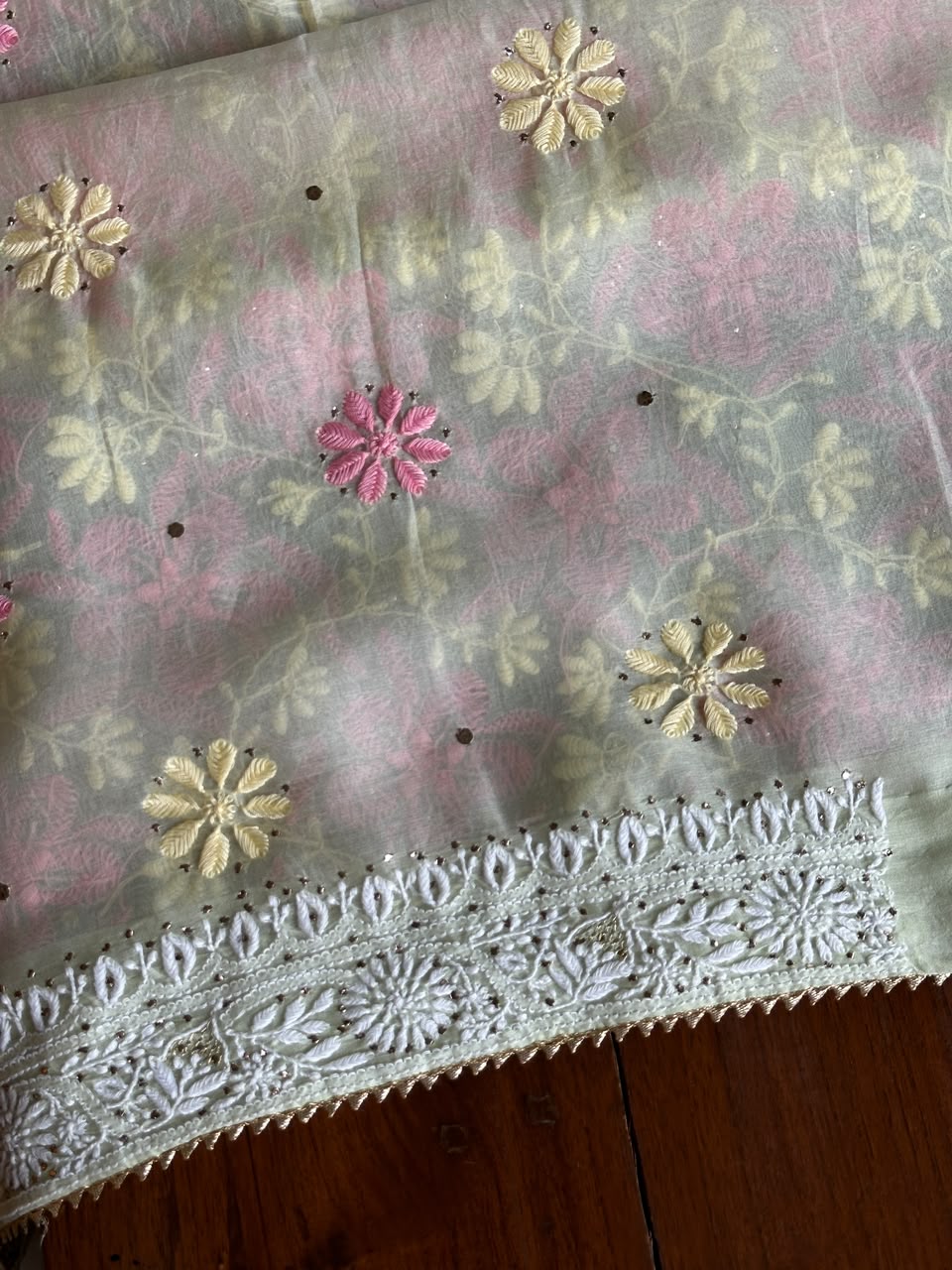 Sage Green Noor Organza Silk Chikankari With Kamdani Fabric
