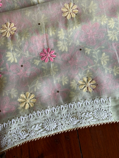Sage Green Noor Organza Silk Chikankari With Kamdani Fabric