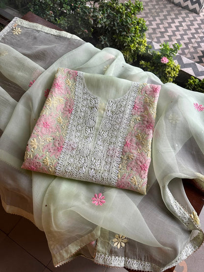Sage Green Noor Organza Silk Chikankari With Kamdani Fabric