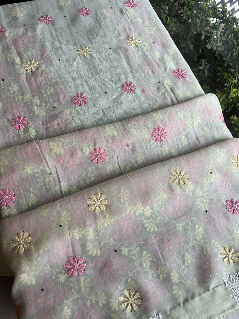 Sage Green Noor Organza Silk Chikankari With Kamdani Fabric