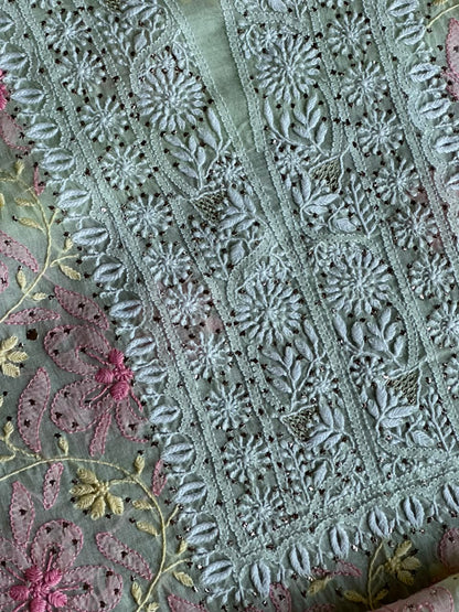 Sage Green Noor Organza Silk Chikankari With Kamdani Fabric