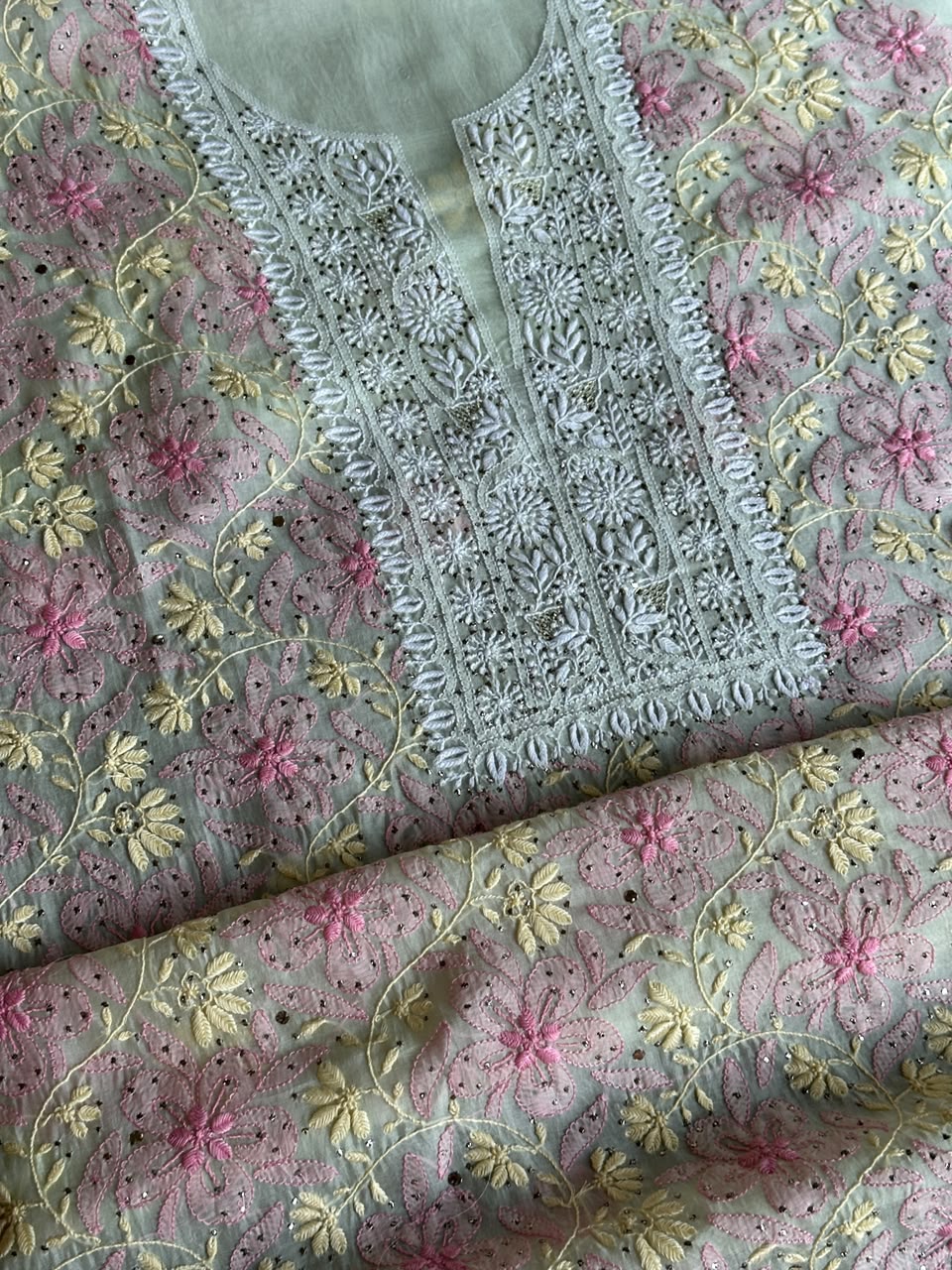 Sage Green Noor Organza Silk Chikankari With Kamdani Fabric