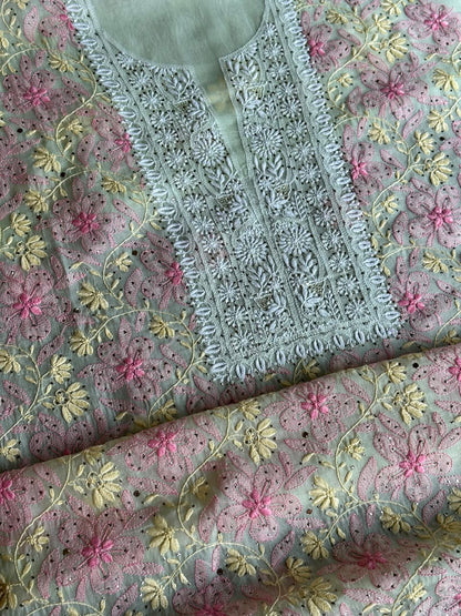 Sage Green Noor Organza Silk Chikankari With Kamdani Fabric