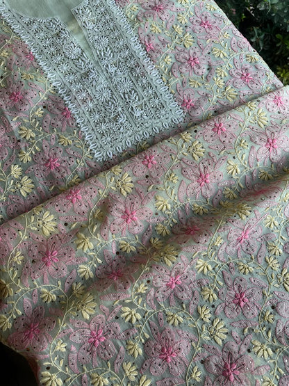 Sage Green Noor Organza Silk Chikankari With Kamdani Fabric