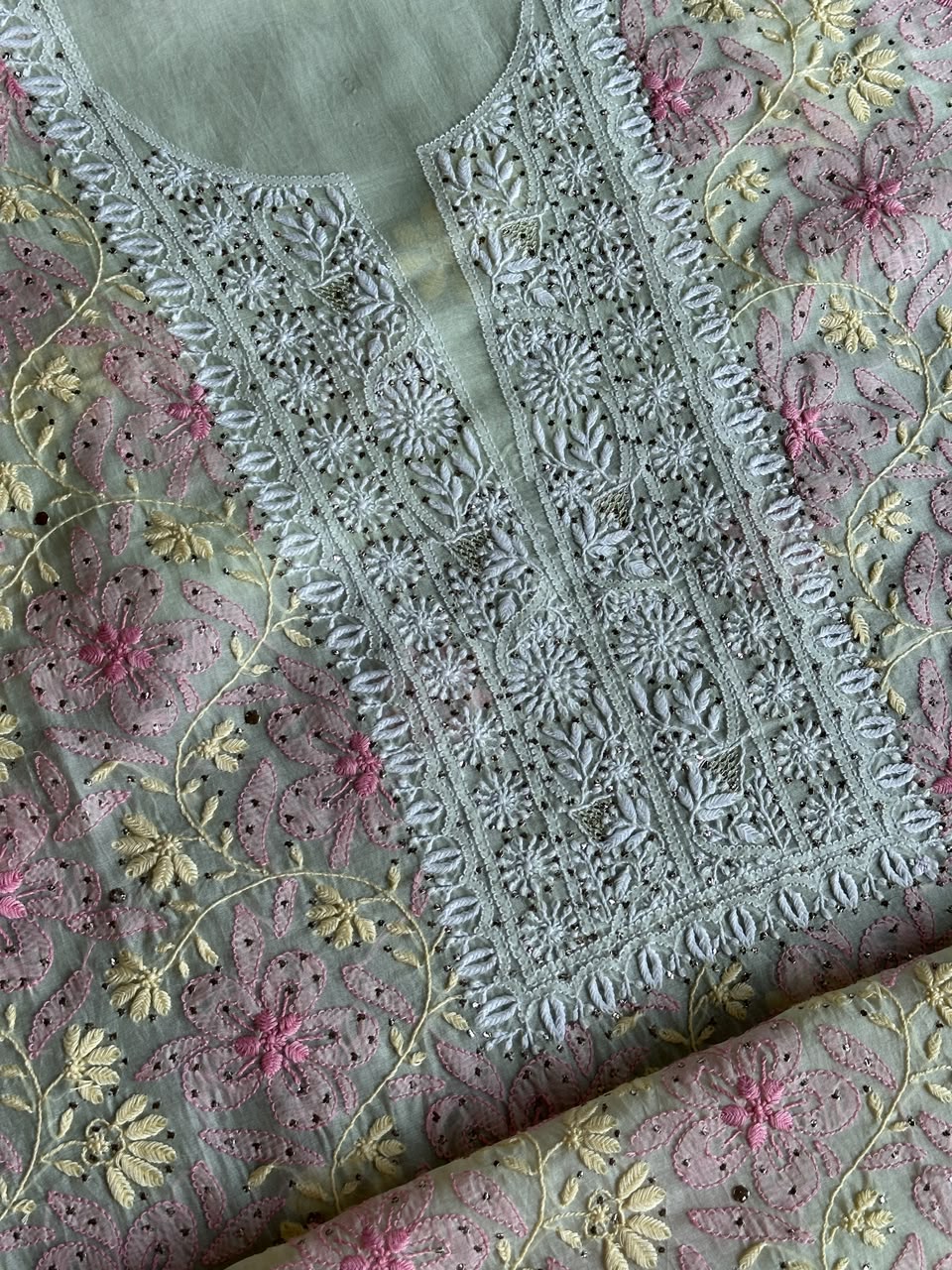 Sage Green Noor Organza Silk Chikankari With Kamdani Fabric