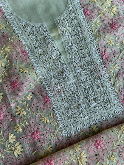 Sage Green Noor Organza Silk Chikankari With Kamdani Fabric