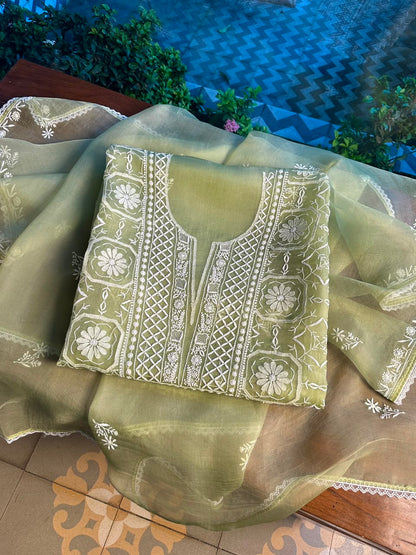 Sage Green Organza Chikankari Unstitched Suit Fabric