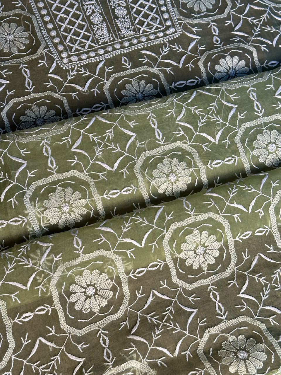 Sage Green Organza Chikankari Unstitched Suit Fabric