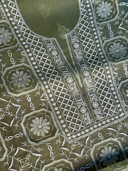 Sage Green Organza Chikankari Unstitched Suit Fabric