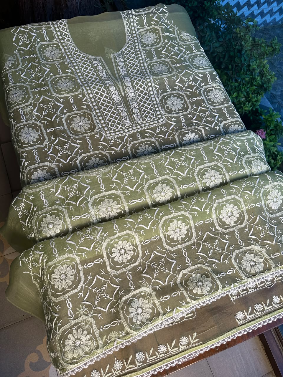 Sage Green Organza Chikankari Unstitched Suit Fabric