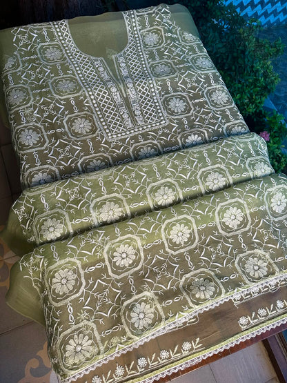Sage Green Organza Chikankari Unstitched Suit Fabric