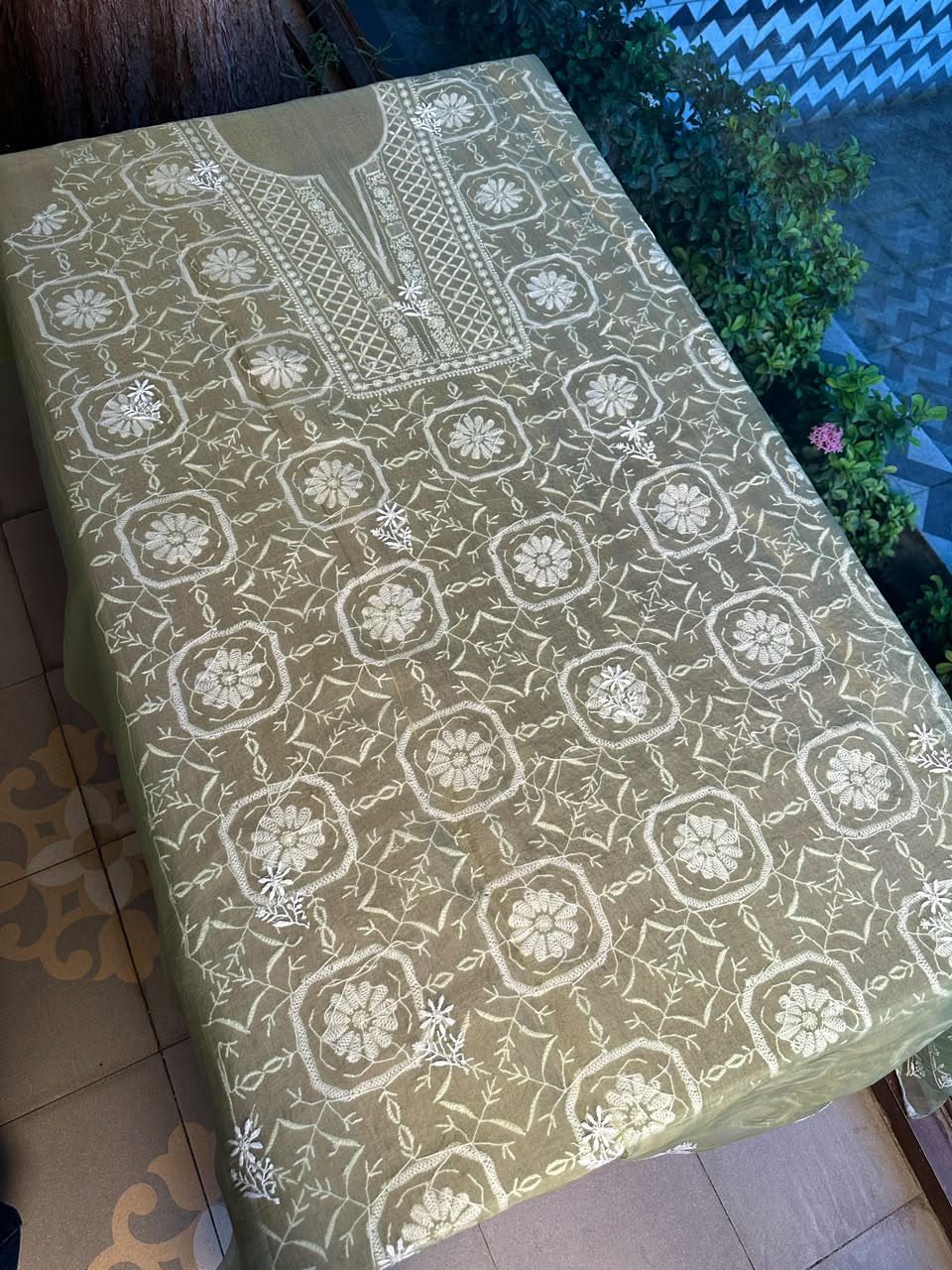 Sage Green Organza Chikankari Unstitched Suit Fabric