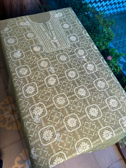 Sage Green Organza Chikankari Unstitched Suit Fabric
