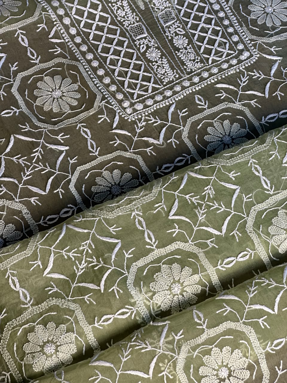 Sage Green Organza Chikankari Unstitched Suit Fabric