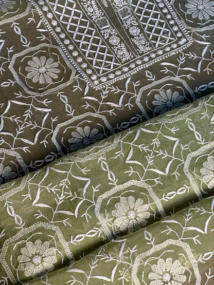 Sage Green Organza Chikankari Unstitched Suit Fabric