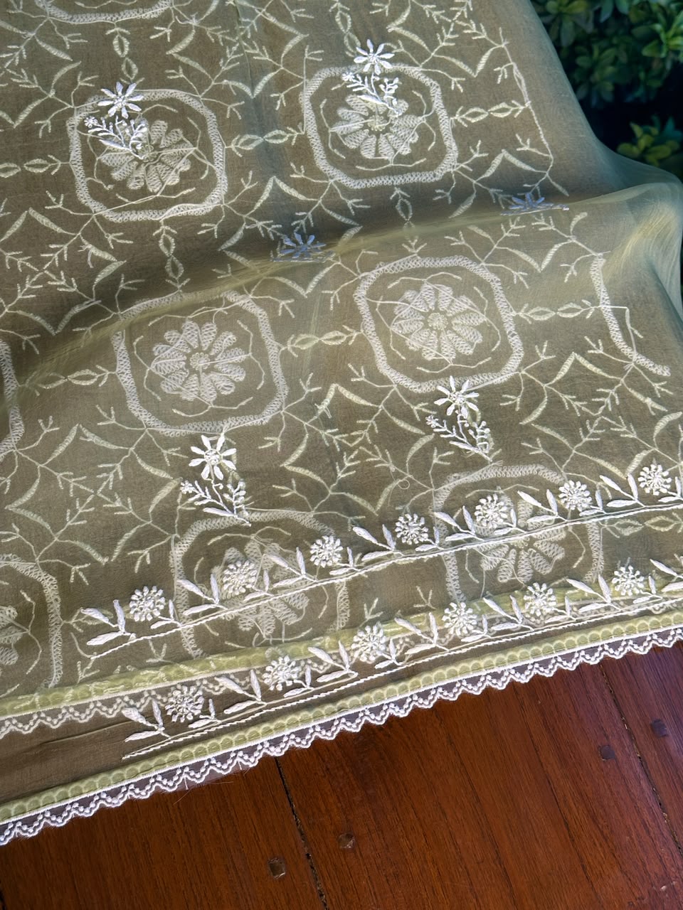 Sage Green Organza Chikankari Unstitched Suit Fabric